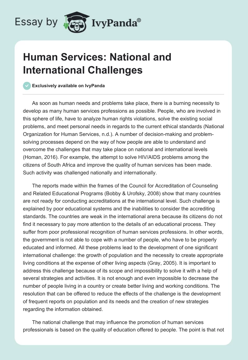 Human Services: National and International Challenges. Page 1