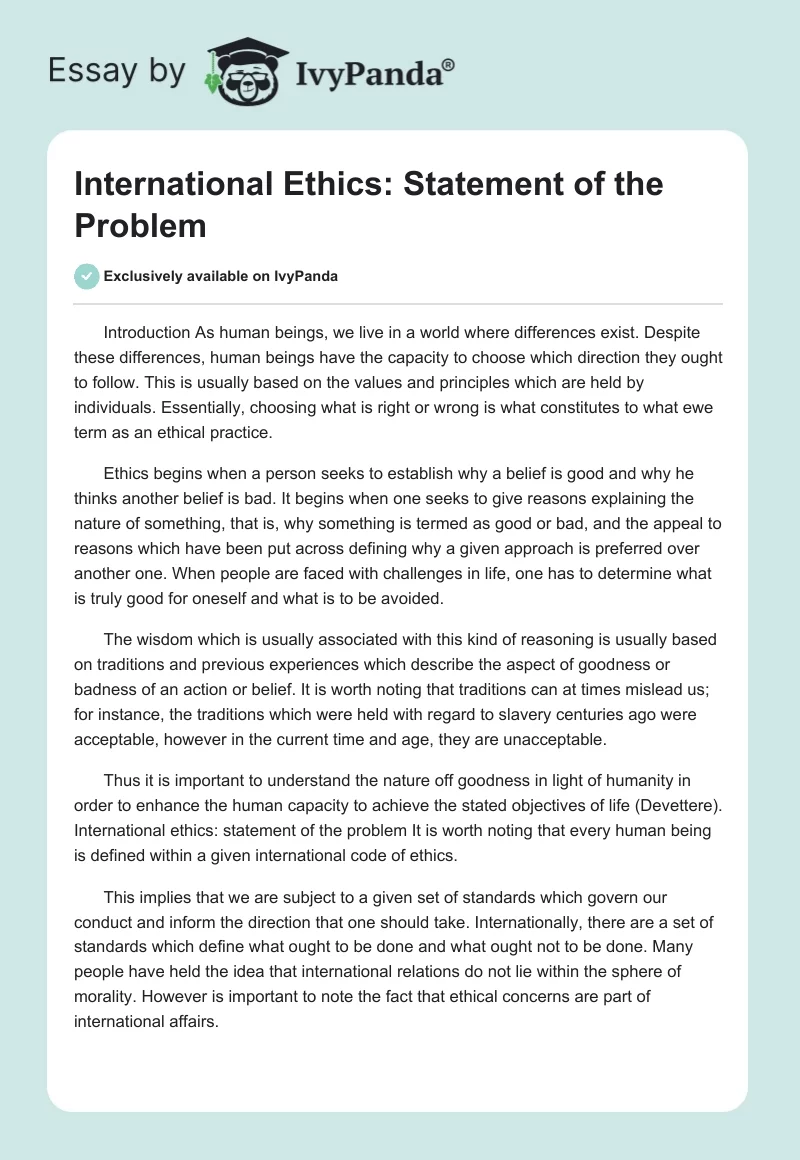 International Ethics: Statement of the Problem. Page 1