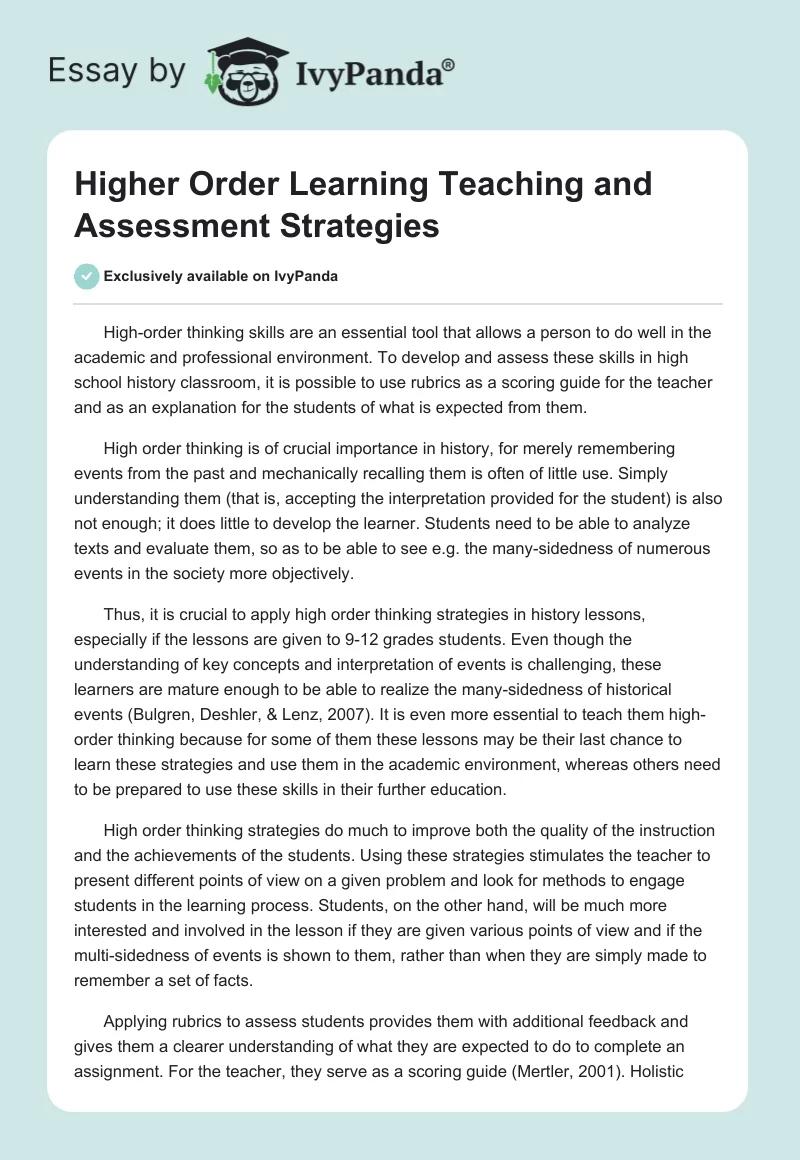 Higher Order Learning Teaching and Assessment Strategies. Page 1