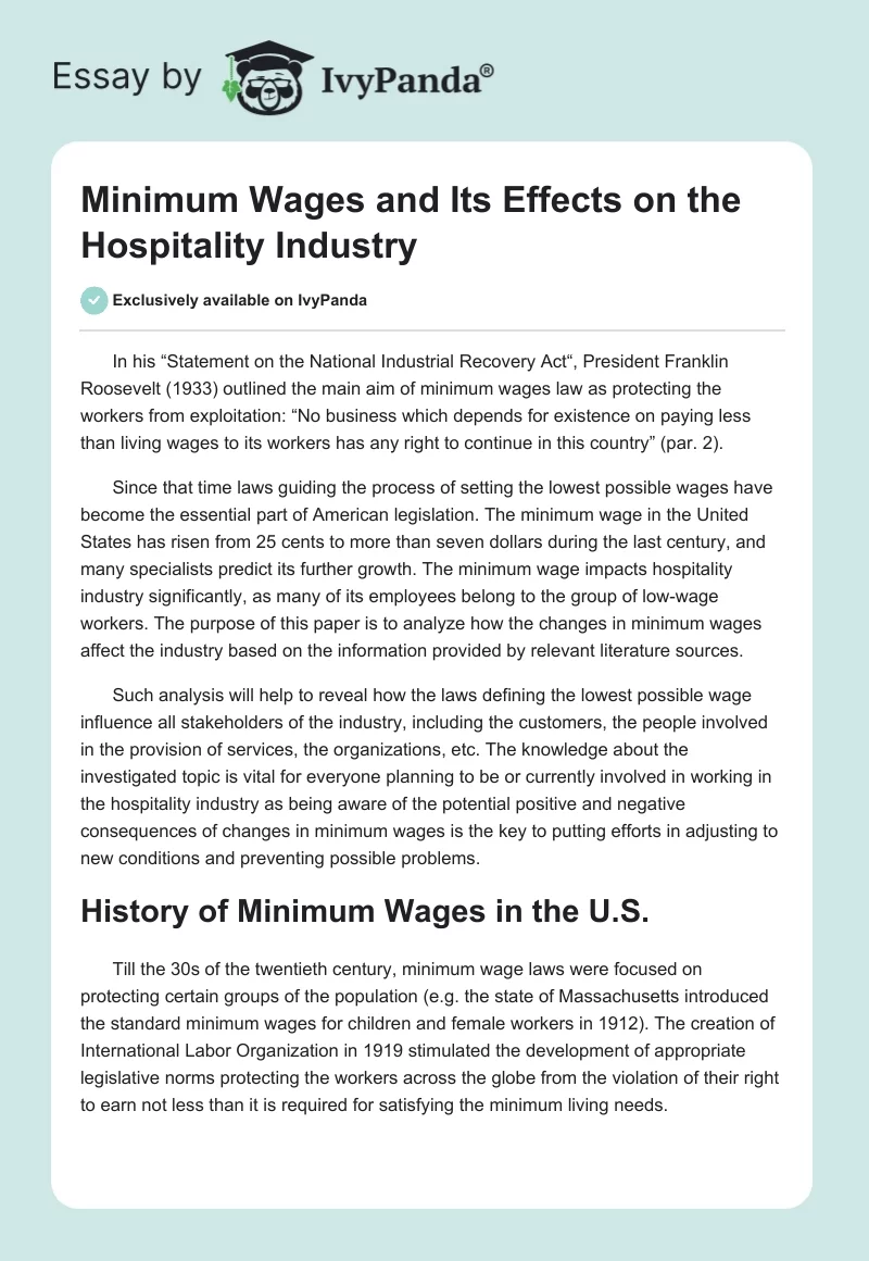 Minimum Wages and Its Effects on the Hospitality Industry. Page 1