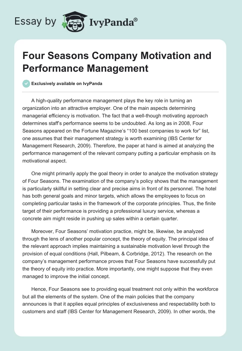 Four Seasons Company Motivation and Performance Management. Page 1