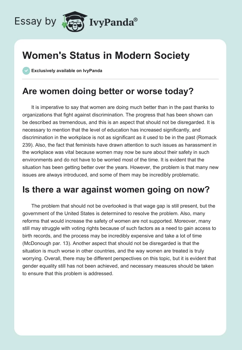 Women's Status in Modern Society. Page 1