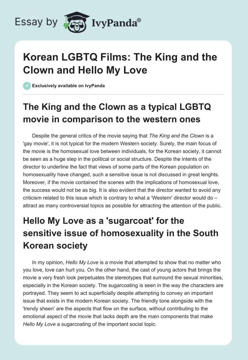 Korean LGBTQ Films: The King and the Clown and Hello My Love. Page 1