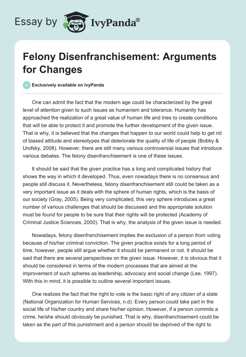 Felony Disenfranchisement: Arguments for Changes. Page 1