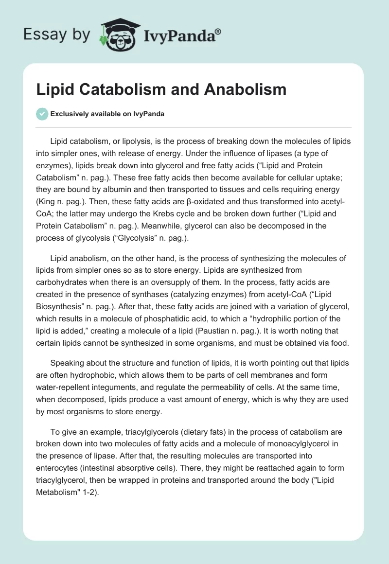 Lipid Catabolism and Anabolism. Page 1
