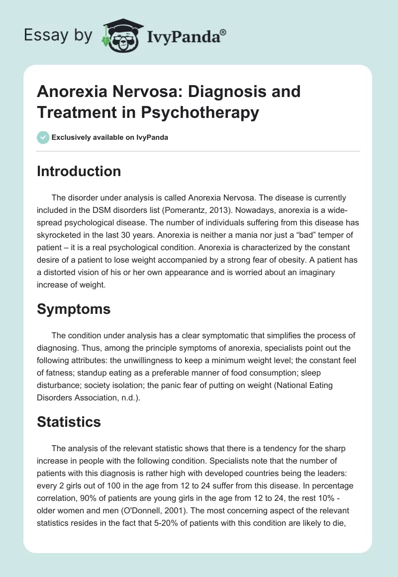 Anorexia Nervosa: Diagnosis and Treatment in Psychotherapy. Page 1