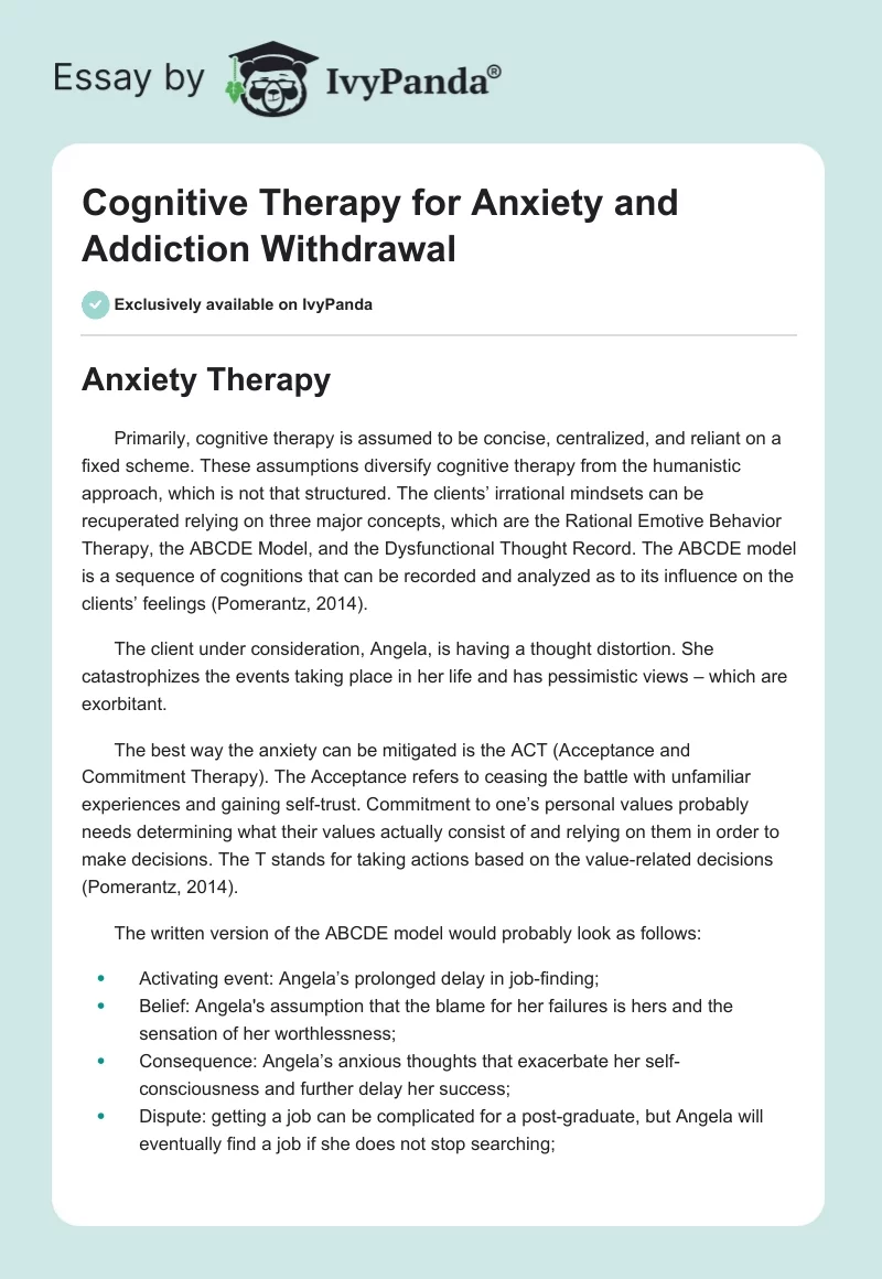 Cognitive Therapy for Anxiety and Addiction Withdrawal. Page 1