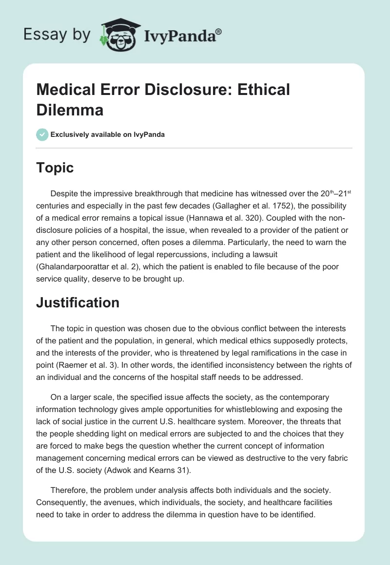 Medical Error Disclosure: Ethical Dilemma. Page 1