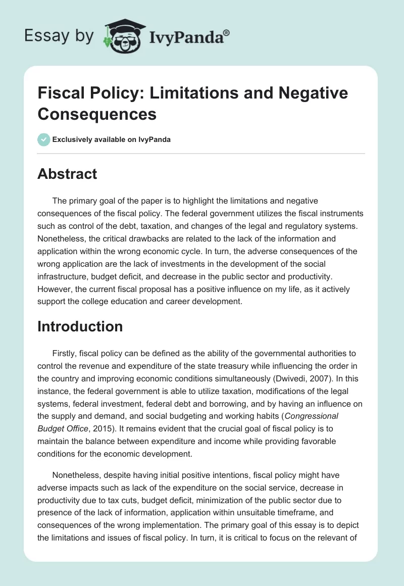Fiscal Policy: Limitations and Negative Consequences. Page 1