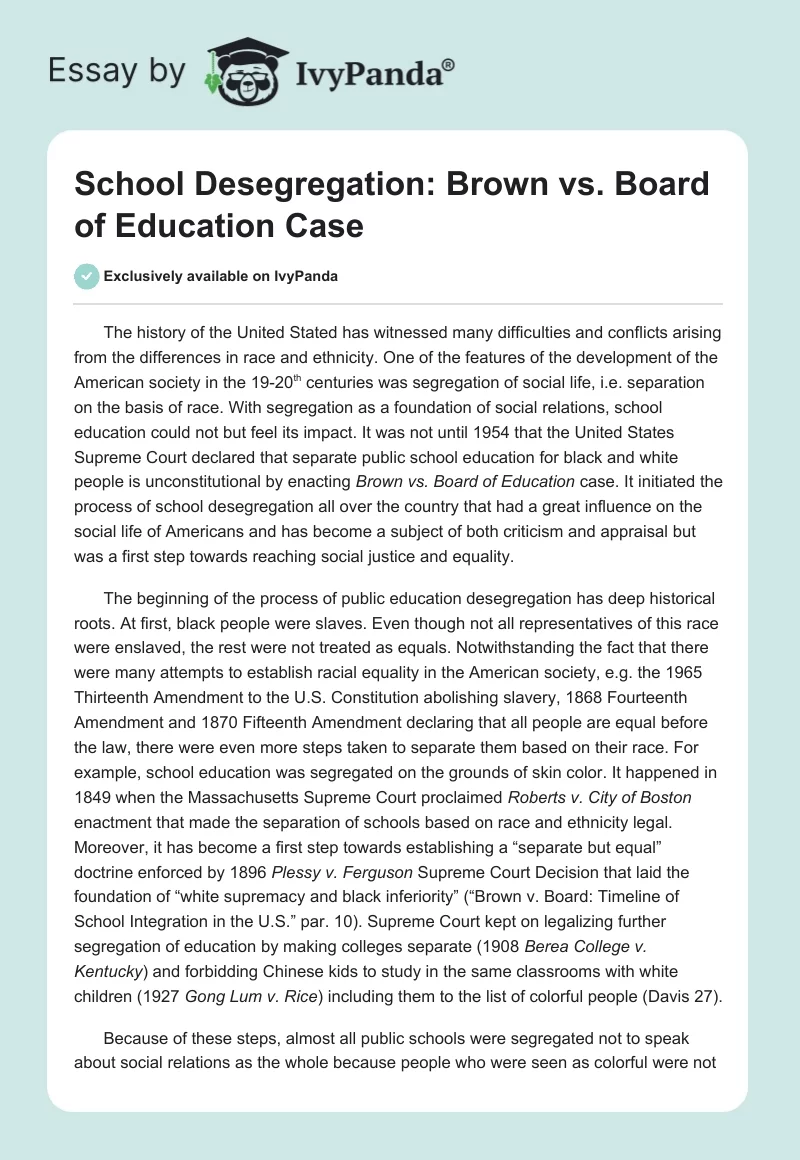 School Desegregation: Brown vs. Board of Education Case. Page 1
