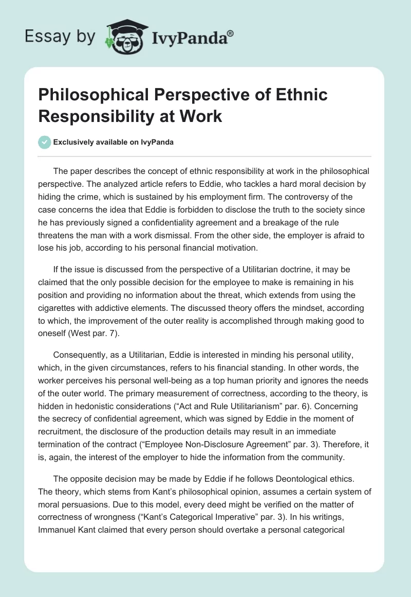 Philosophical Perspective of Ethnic Responsibility at Work. Page 1