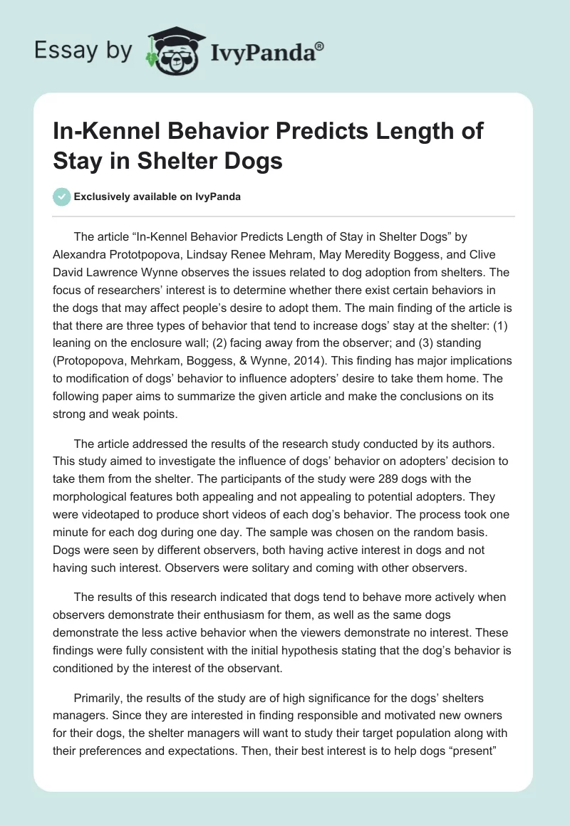 In-Kennel Behavior Predicts Length of Stay in Shelter Dogs. Page 1