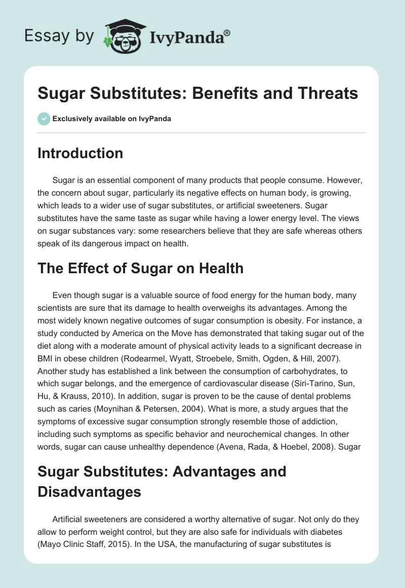 Sugar Substitutes: Benefits and Threats. Page 1