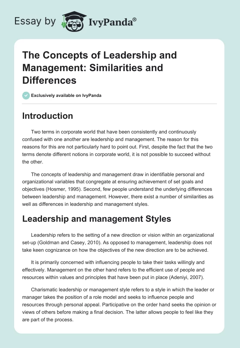 The Concepts of Leadership and Management: Similarities and Differences. Page 1