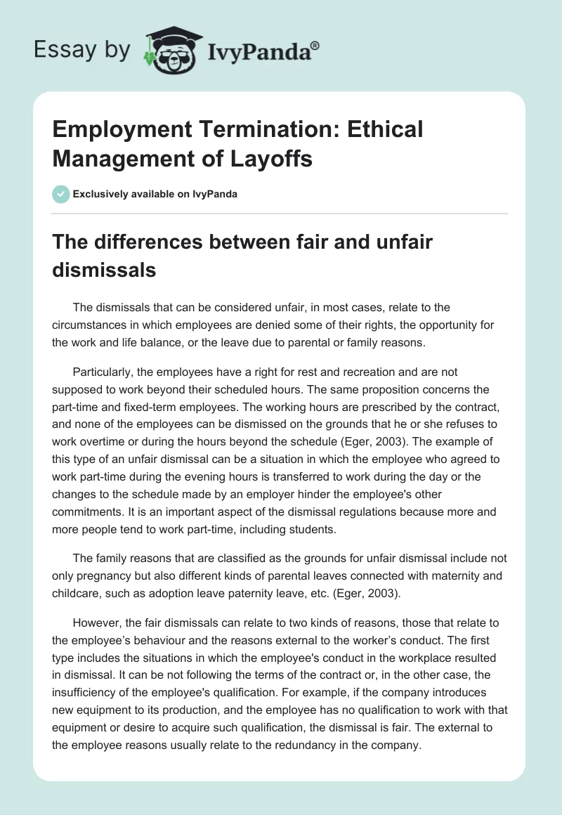 Employment Termination: Ethical Management of Layoffs. Page 1