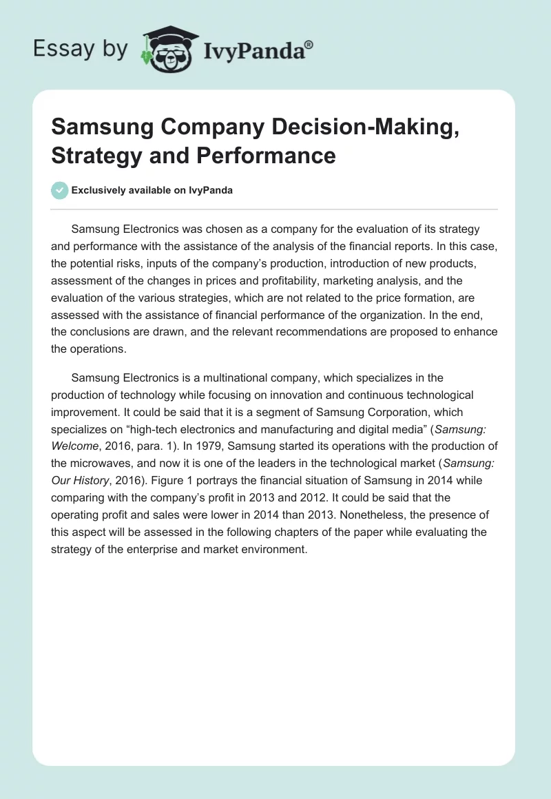 Samsung Company Decision-Making, Strategy and Performance. Page 1