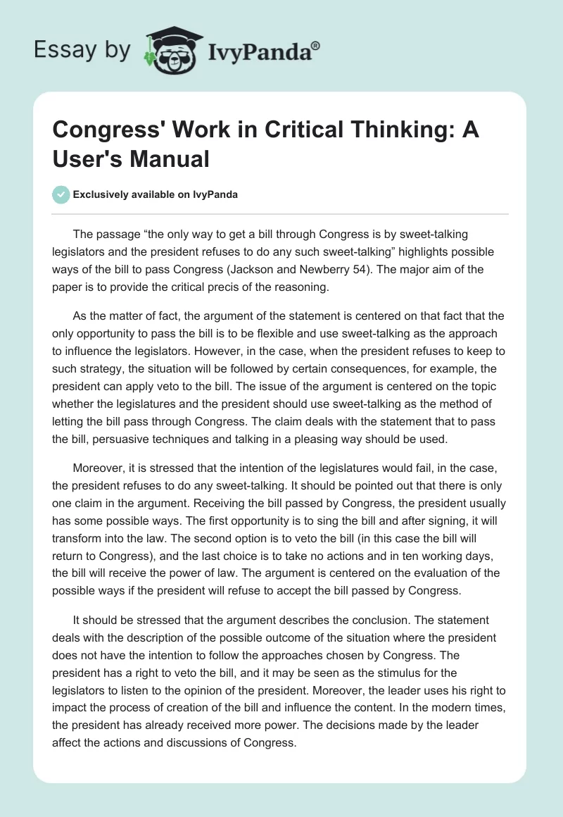 Congress' Work in Critical Thinking: A User's Manual. Page 1