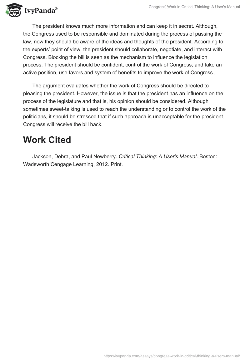 Congress' Work in Critical Thinking: A User's Manual. Page 2