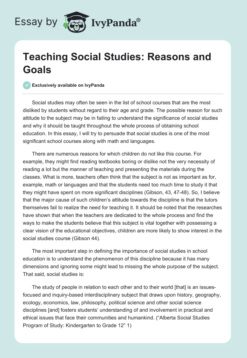 Teaching Social Studies: Reasons and Goals. Page 1