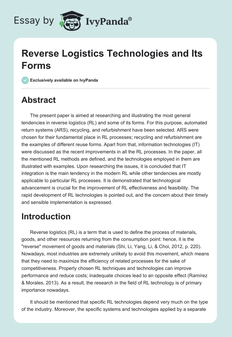Reverse Logistics Technologies and Its Forms. Page 1