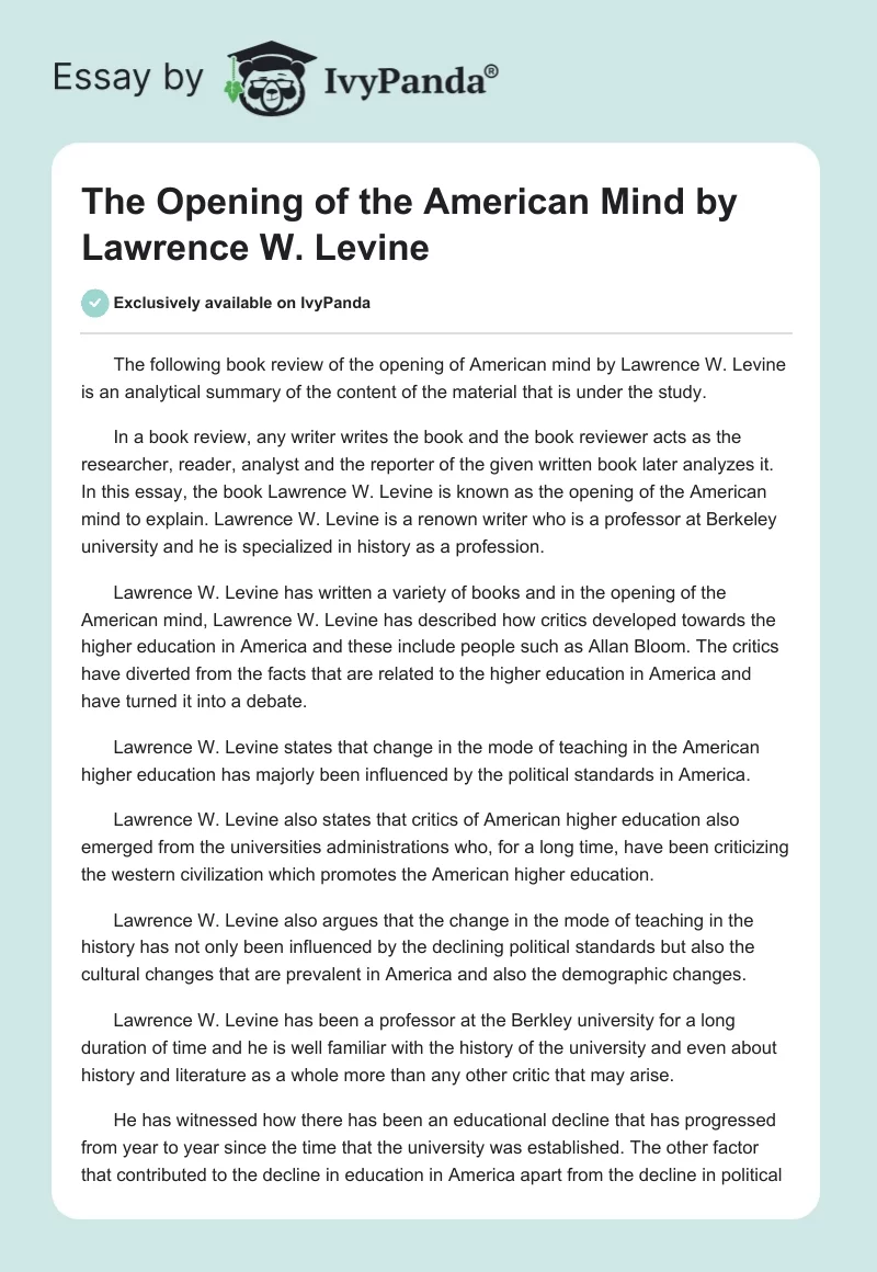 "The Opening of the American Mind" by Lawrence W. Levine. Page 1