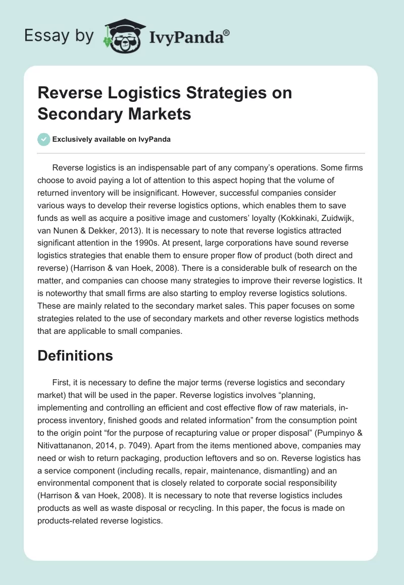 Reverse Logistics Strategies on Secondary Markets. Page 1