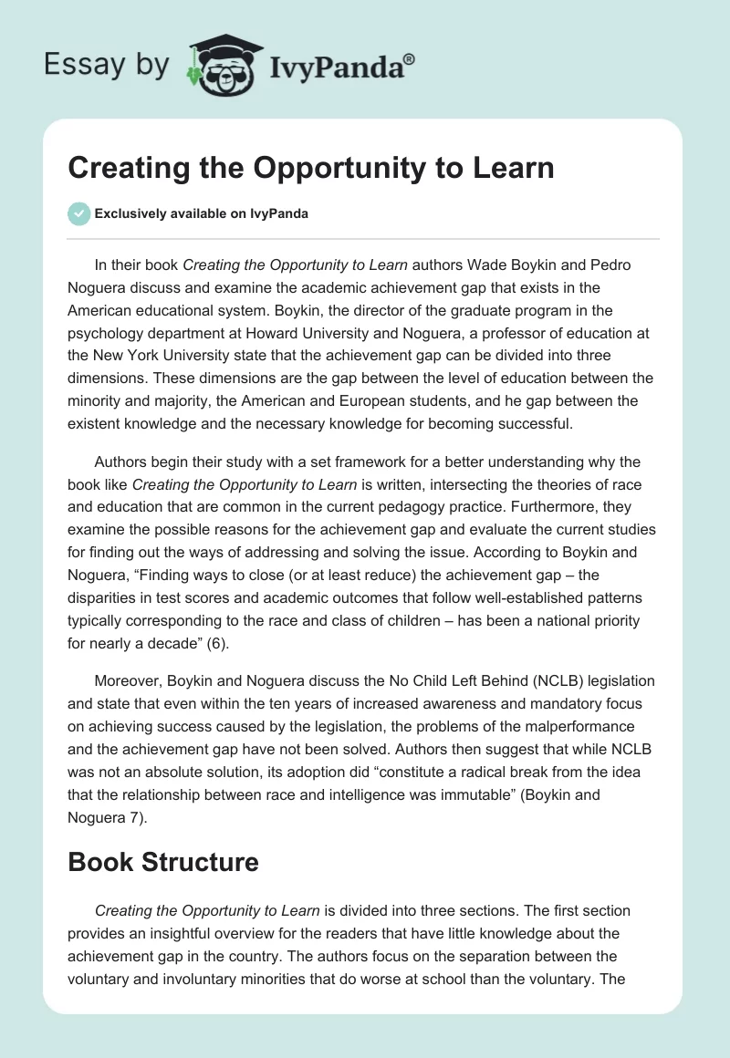 Creating the Opportunity to Learn. Page 1