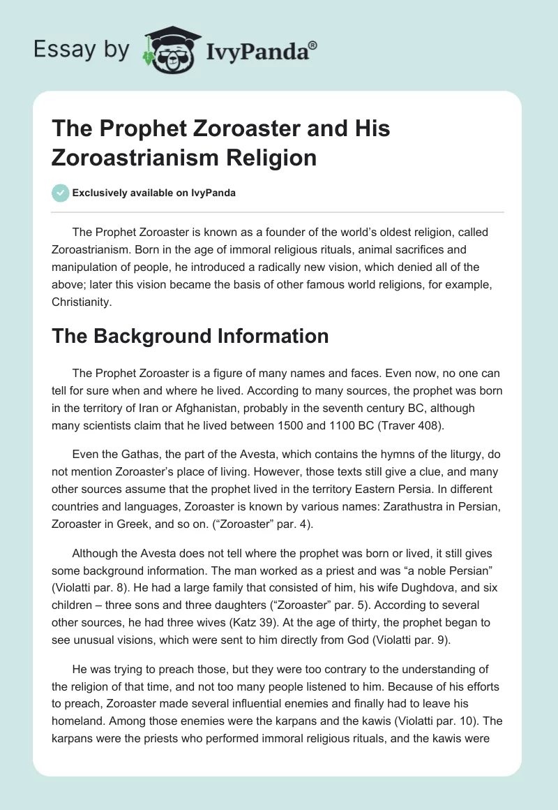 The Prophet Zoroaster and His "Zoroastrianism" Religion. Page 1