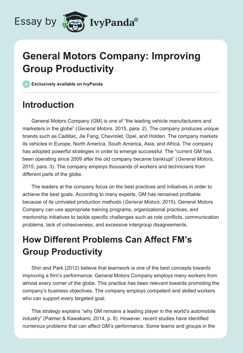 General Motors Company: Improving Group Productivity. Page 1