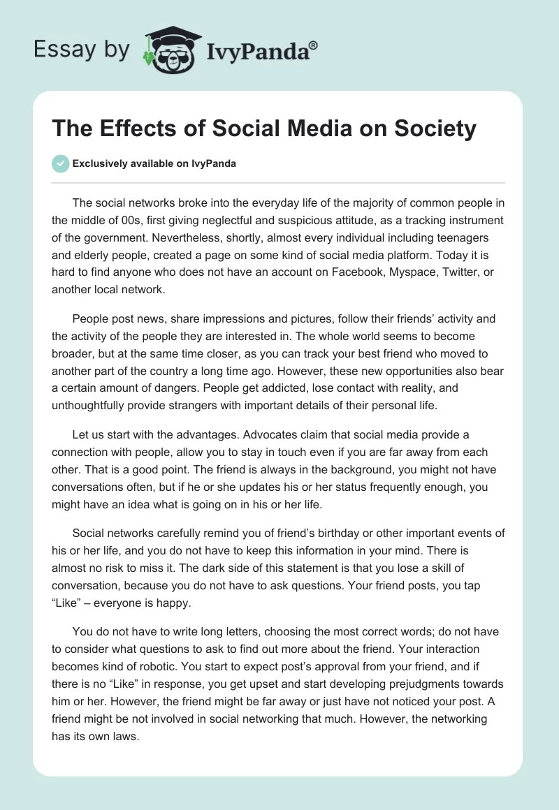 The Effects of Social Media on Society. Page 1
