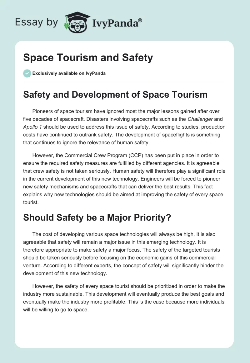 Space Tourism and Safety. Page 1