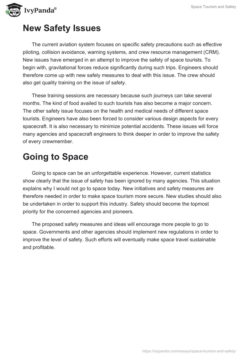 Space Tourism and Safety. Page 2