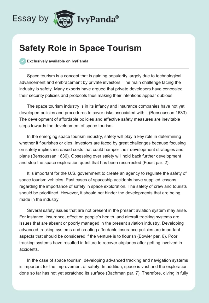 Safety Role in Space Tourism. Page 1
