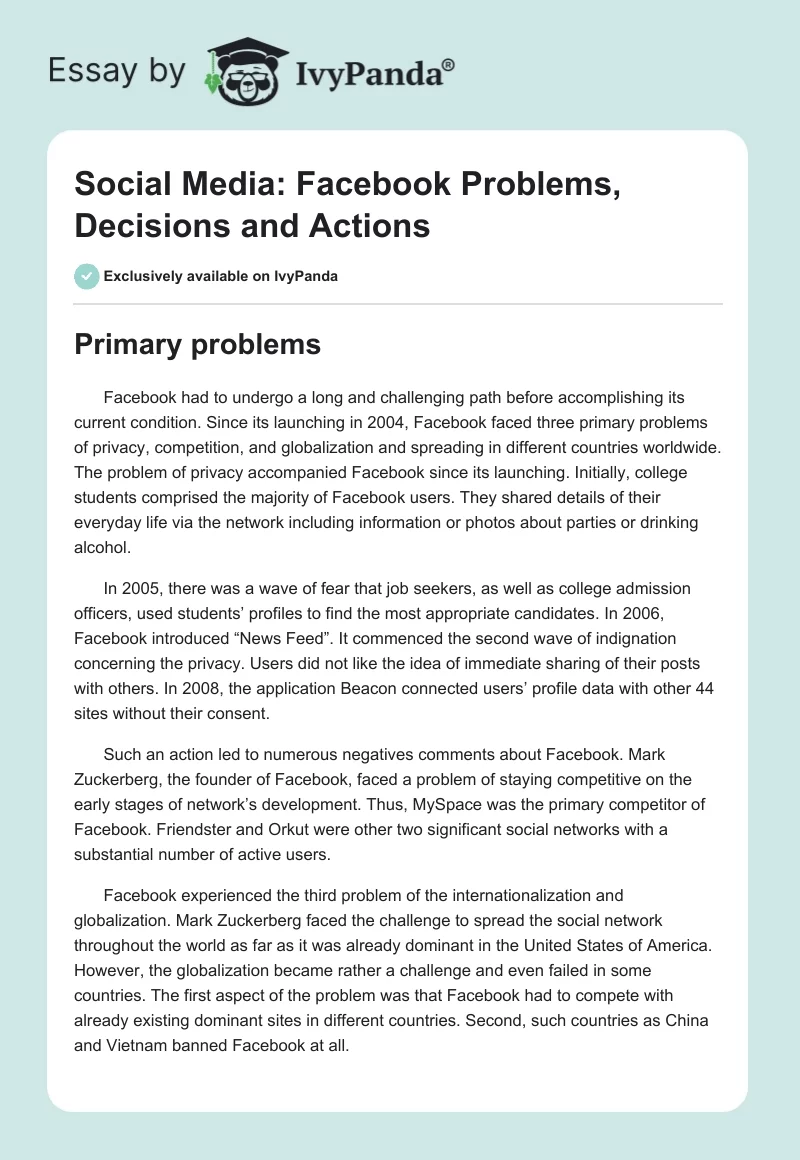 Social Media: Facebook Problems, Decisions and Actions. Page 1