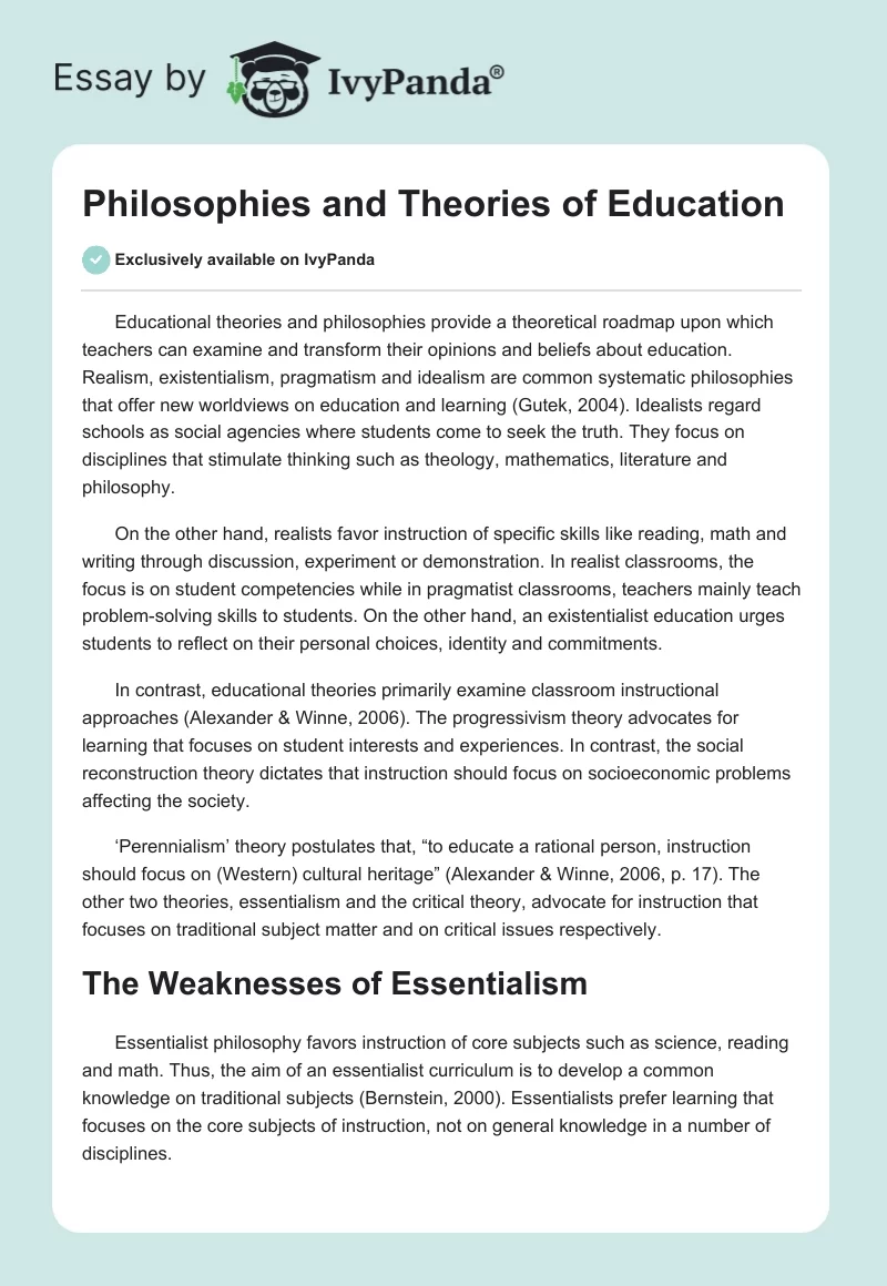 Philosophies and Theories of Education. Page 1