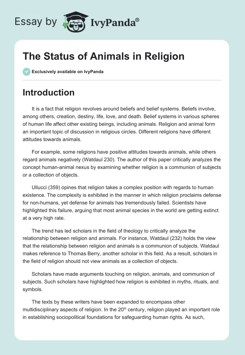 The Status of Animals in Religion. Page 1