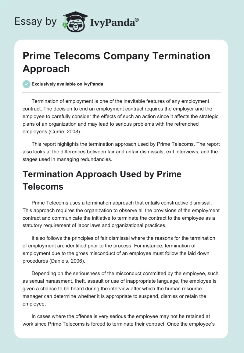 Prime Telecoms Company Termination Approach. Page 1