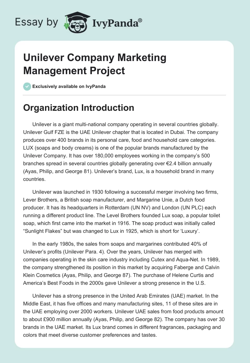 Unilever Company Marketing Management Project. Page 1