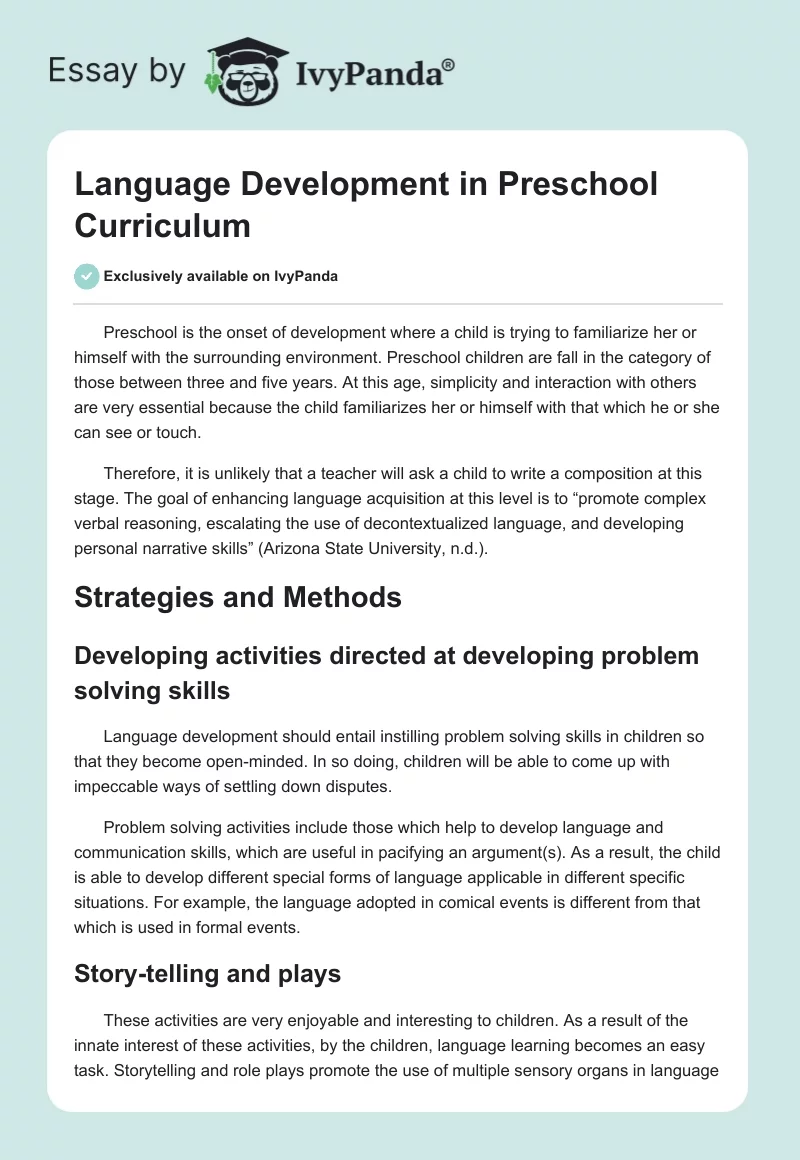Language Development in Preschool Curriculum. Page 1