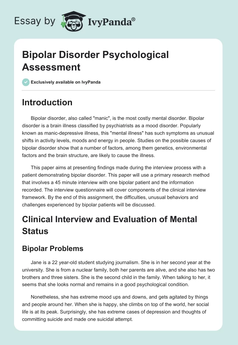 Bipolar Disorder Psychological Assessment. Page 1