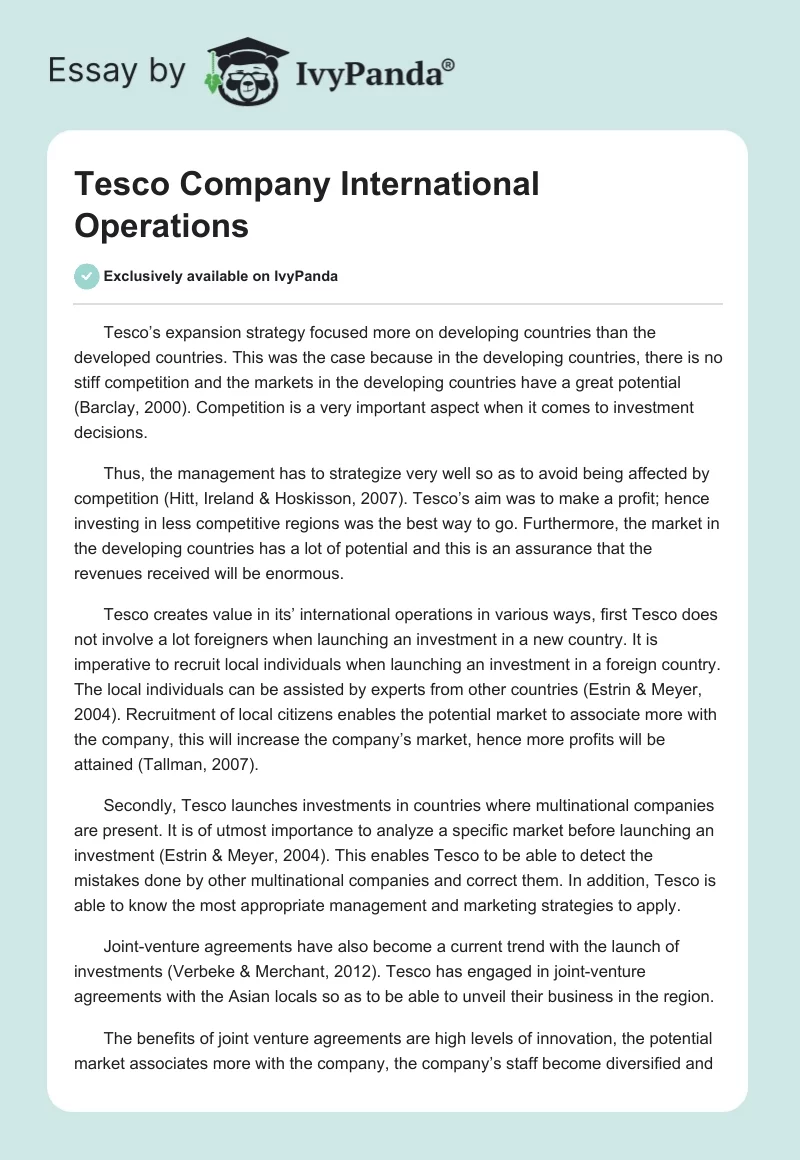 Tesco Company International Operations. Page 1