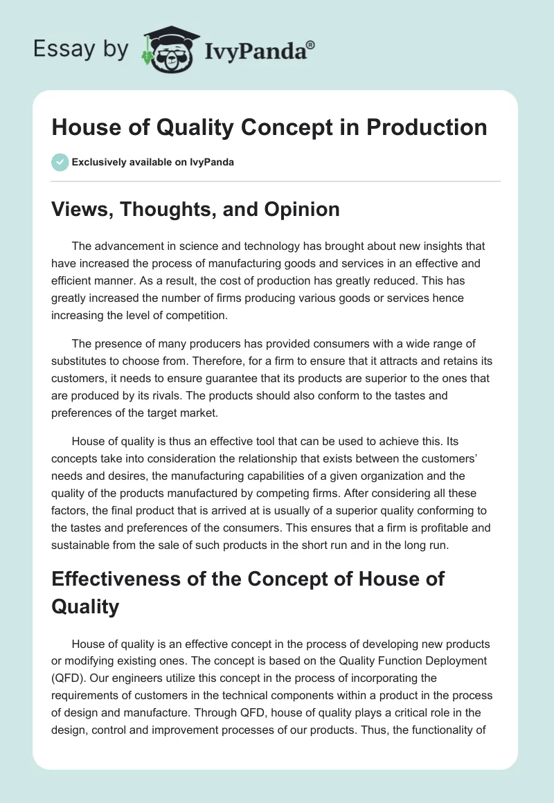 House of Quality Concept in Production. Page 1