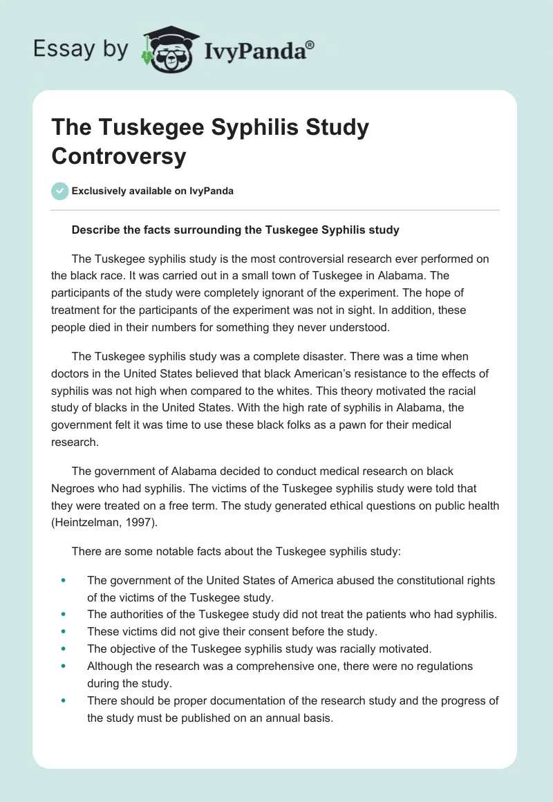The Tuskegee Syphilis Study Controversy. Page 1