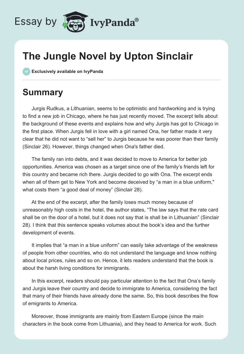 "The Jungle" Novel by Upton Sinclair. Page 1