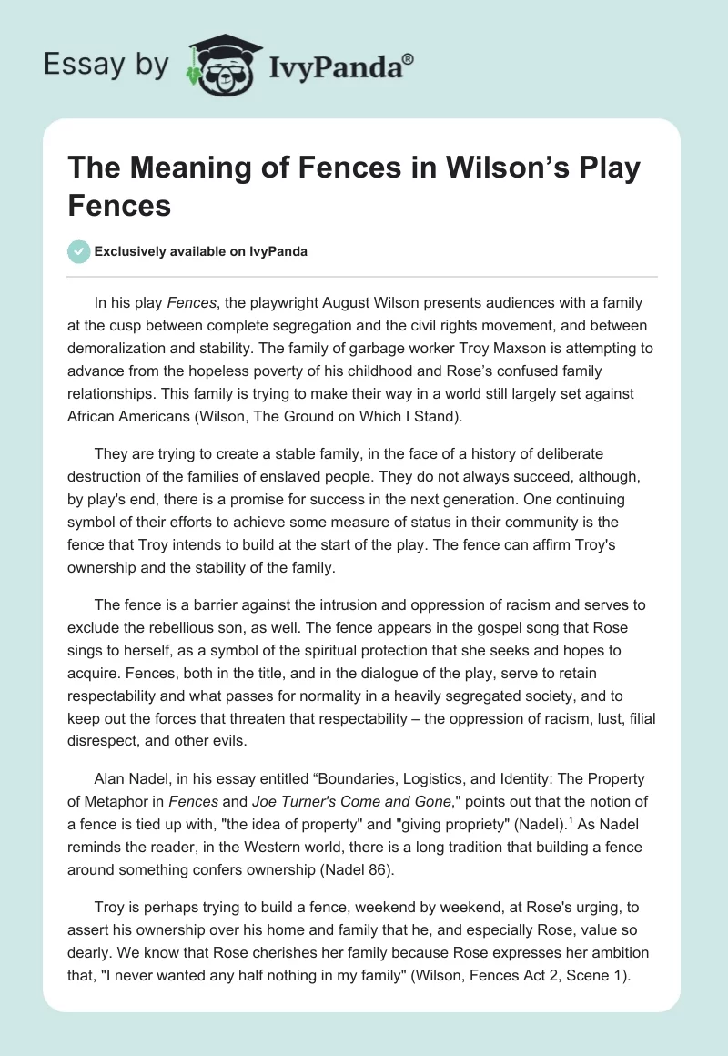 The Meaning of Fences in Wilson’s Play Fences. Page 1