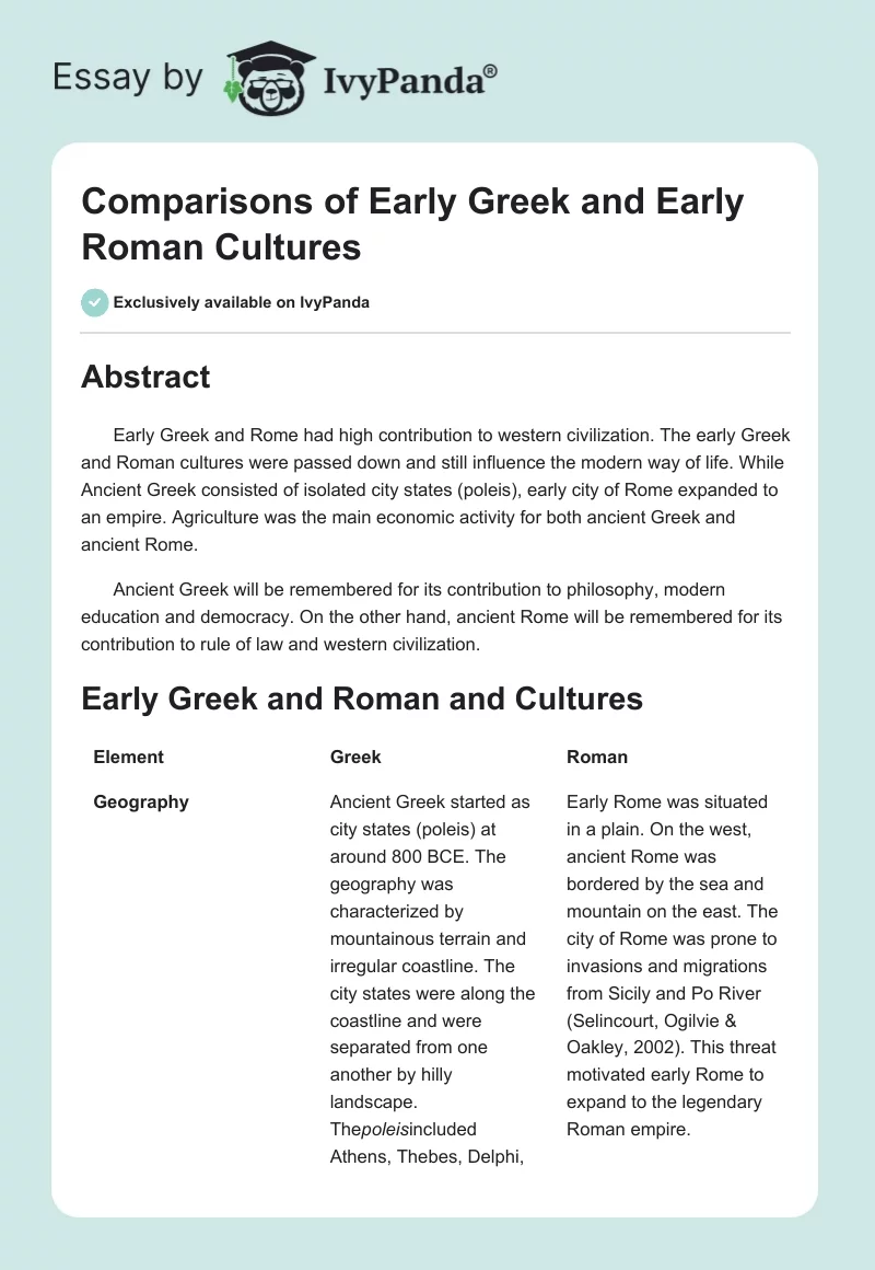 Comparisons of Early Greek and Early Roman Cultures. Page 1