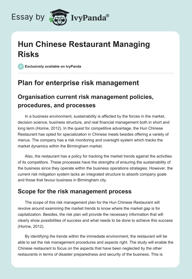 Hun Chinese Restaurant Managing Risks. Page 1