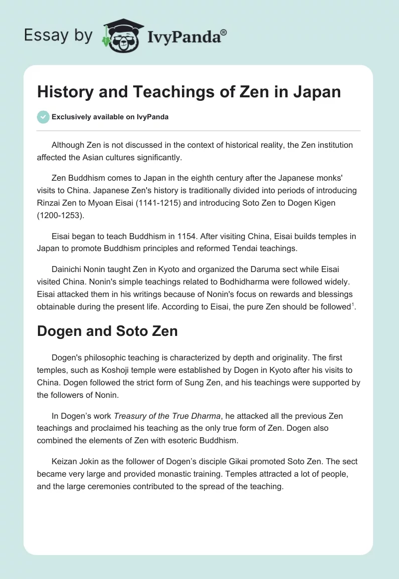 History and Teachings of Zen in Japan. Page 1