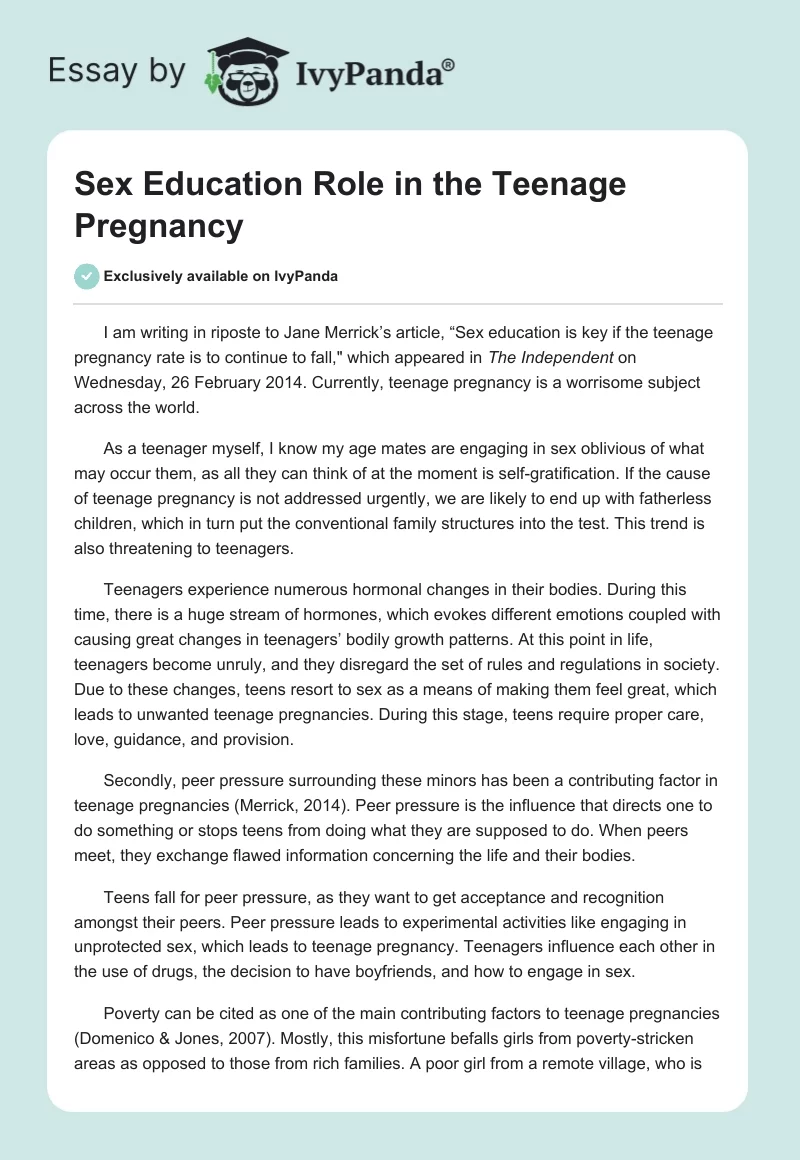 Sex Education Role in Preventing Teenage Pregnancy. Page 1