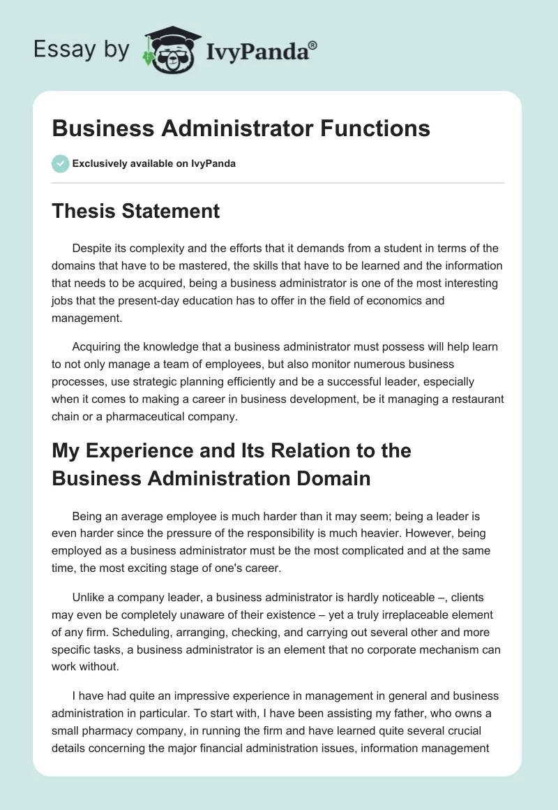 Business Administrator Functions. Page 1